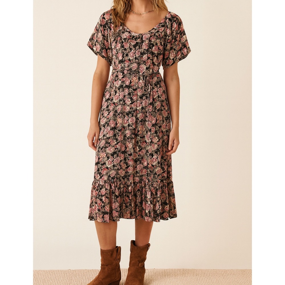En Crème Sz S Women Black Pink Floral  Tiered Flowy Maxi Dress Romantic Bohemian